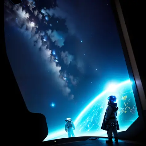 The space station has fluorescent jellyfish and a large viewing window that allows you to see the vast universe. The background is gray light, natural stereo lighting casts soft shadows and highlights on the boy's face and spacesuit, stars twinkle in the d...