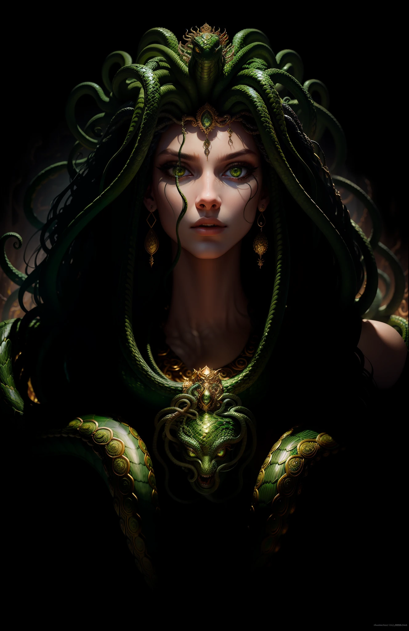 ((best quality)), ((masterpiece)), ((realistic)), Medusa, full body, the hair is composed of countless small snakes, green eyes, female face, metal carved top, royal aura, trend on artstation , sharp focus, studio photo, intricate detail, very detailed, detailed eye, illustration, very detailed, sharp focus, digital render, professional, 4k