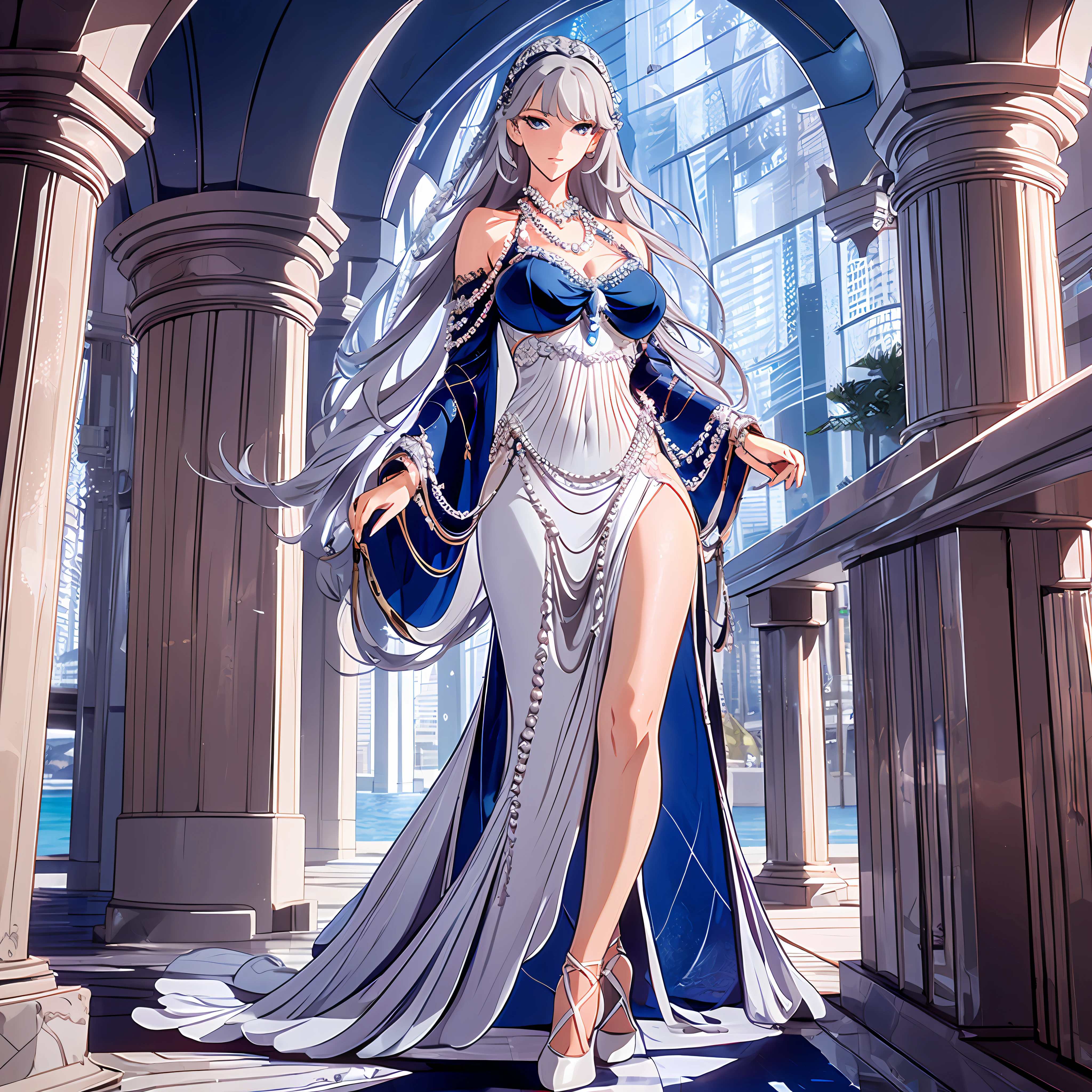 Masterpiece, 30 years age, female, long Silver hair, wearing mermaid headband, pearl necklace, Slanted eyes, blue navy sexy dress, high heels, standing above the sea, with a sharp gaze, beautiful face, full body