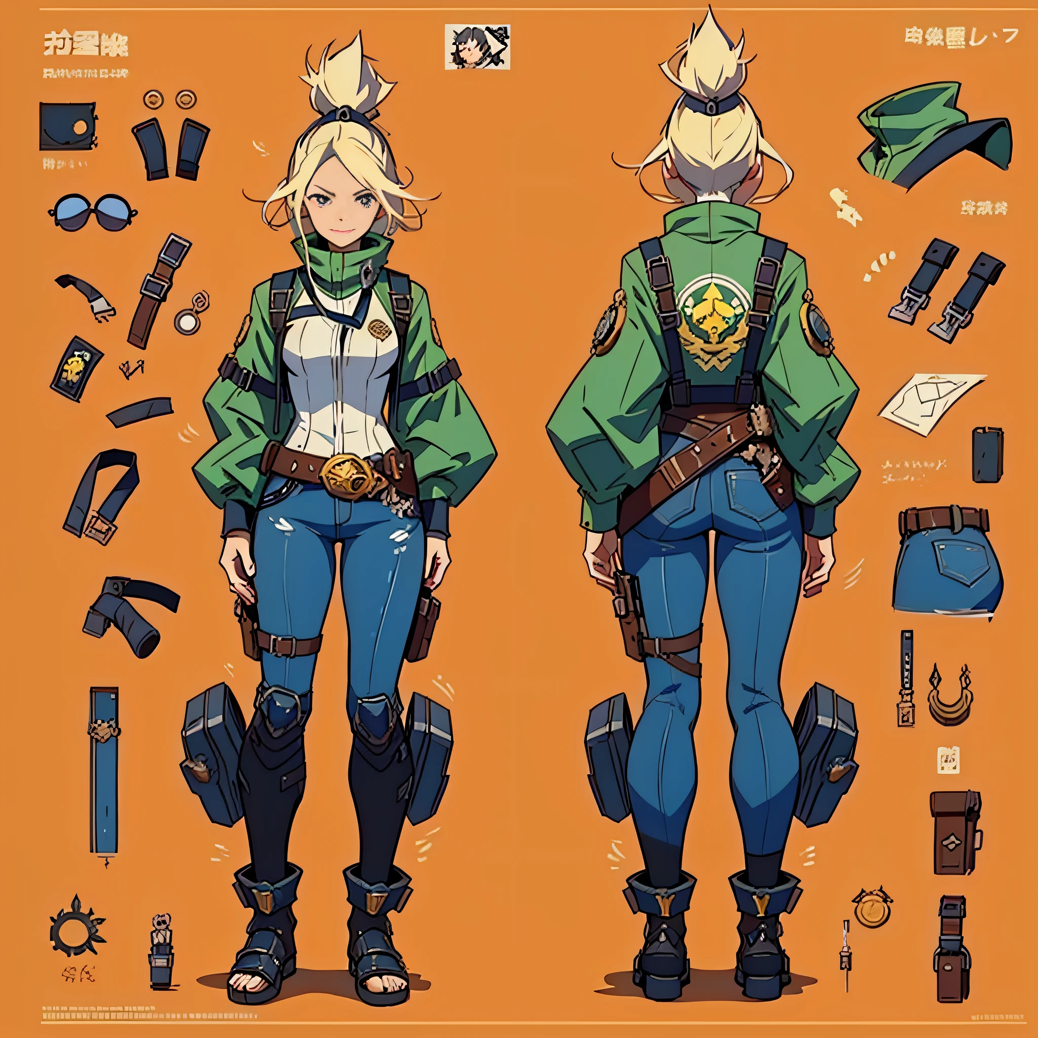 Close-up of a man in a gun costume, ((character concept art)), ((character design sheet, same character, front, side, back)) character art of maple story, video game character design, video game character design, maple story gun girl, girl wearing cute cartoon bunny hairpin on her head, yellow glowing decoration on girl's clothes, expert high detail concept art, metal bullet concept art, funny character design, Lucio as a woman, gravity rush inspiration, sticky tar. Concept art, belt buckle at waist, steampunk weapon,