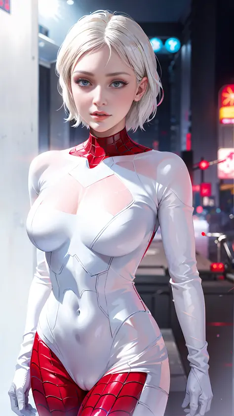 araffed woman in a white bodysuit and red and white spider - man costume, gwen stacy, cyberpunk bodysuit, ( ( spiderwoman ) ), 2b, 2 b, intricate body, spider gwen, futuristic style spiderman, shiny white skin, beutiful white girl cyborg, styled like ghost...