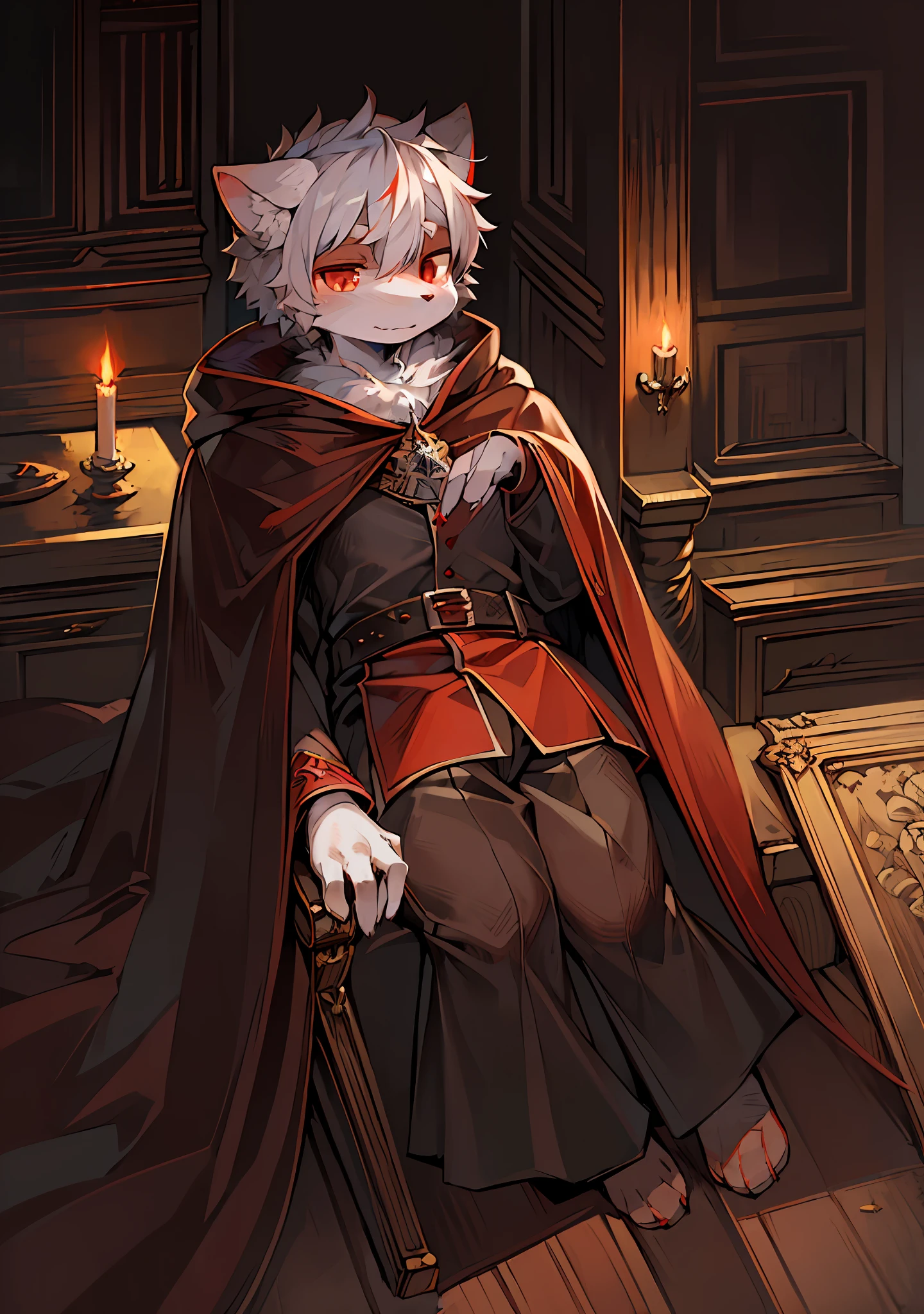 (dark environment:0.8),masterpiece, high quality, absurd res, digital painting \(artwork\), by dagasi, yupa,kiyosan,(anthro,fluffy fur,character focus:1.1),anthro male cat,short hair,portrait, bright eyes,panorama,character focus.(detailed background:0.7),solo,furry,furry male ,male focus,anthr,(Full body fur, fluffy tail, white fur,red eyes,gray hair:1.2),(long canines,vampire, cape:1.2),(interior,night, castle, coffin:1.1)