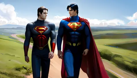 Superman Henry Cavill and Superman Christopher Reeve side by side walking in the countryside on a clear clear day