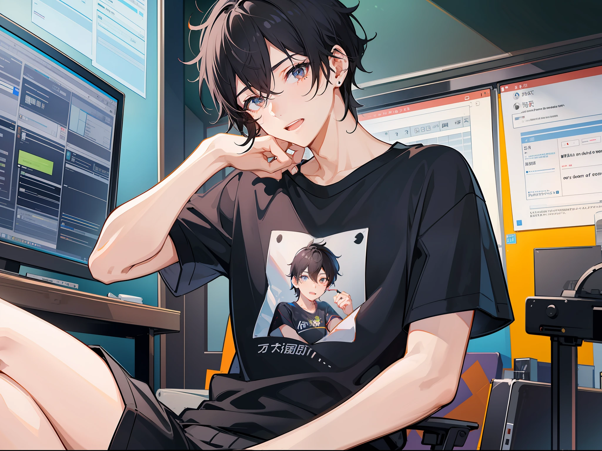 A boy with short black hair, a beauty mole at the corner of his eye, wearing a T-shirt, sitting in the dubbing studio with a headset