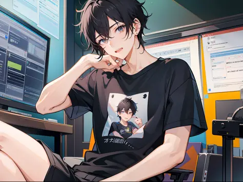 A boy with short black hair, a beauty mole at the corner of his eye, wearing a T-shirt, sitting in the dubbing studio with a hea...