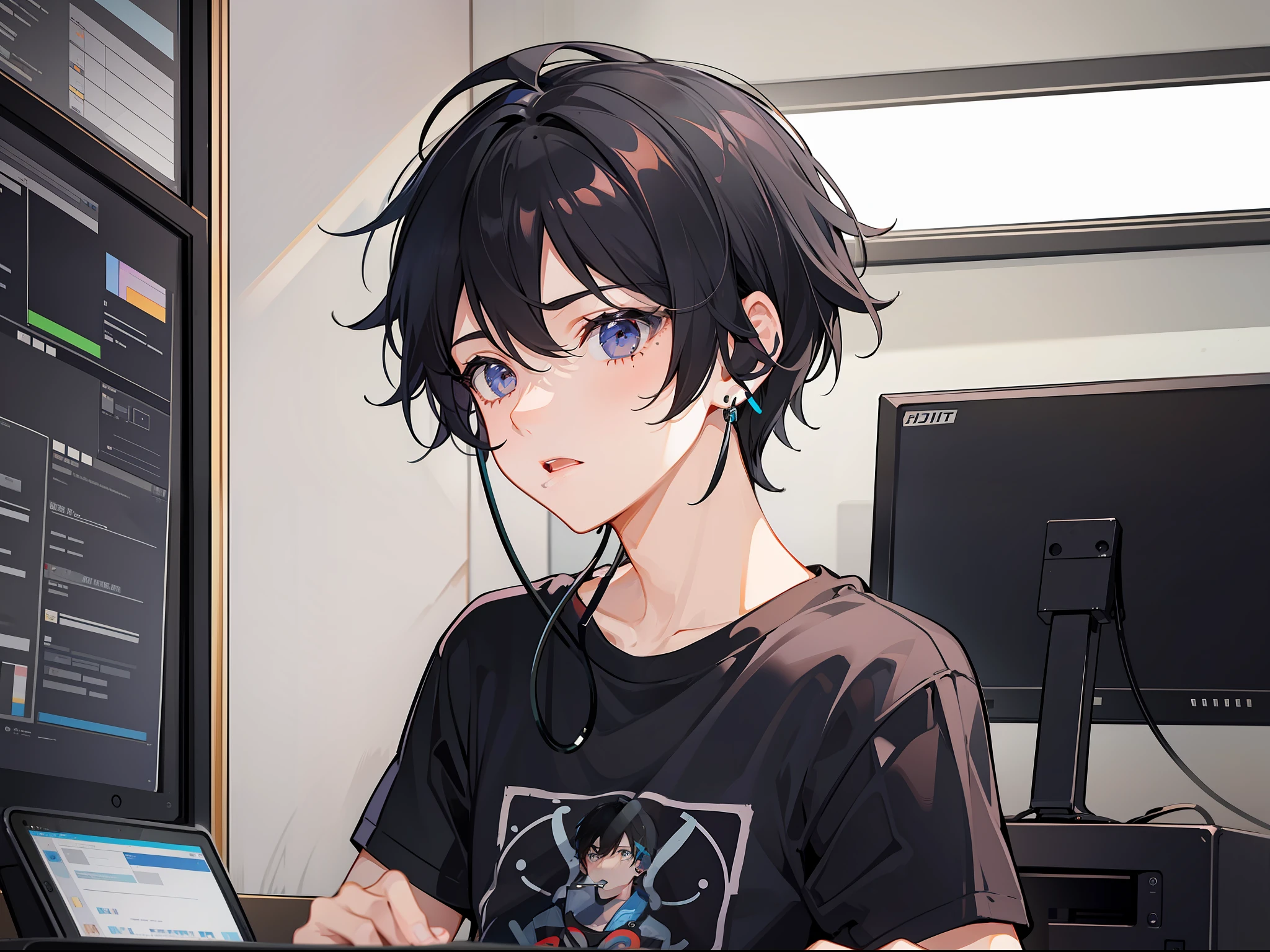 A boy with short black hair, a beauty mole at the corner of his eye, wearing a T-shirt, sitting in the dubbing studio with a headset