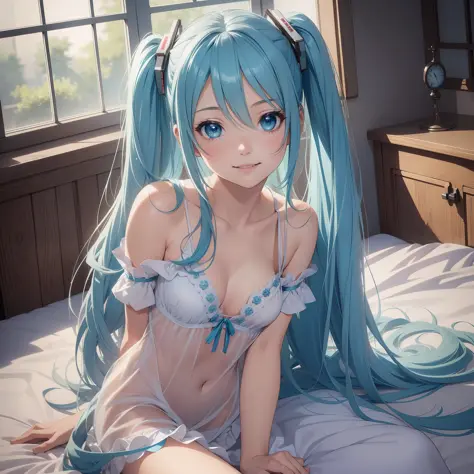 (1 Girl), (Solo: 2.0), Photorealistic, Ultra Micro Illustration, Beautiful Charming Anime Girl, Super Detail, Smile, Beautiful Blue Eyes, Beautiful Proportions, Hatsune Miku, Slender, Lying in Bed, Gentle Look, Seductive Anime Girl, See-Through Nightgown,