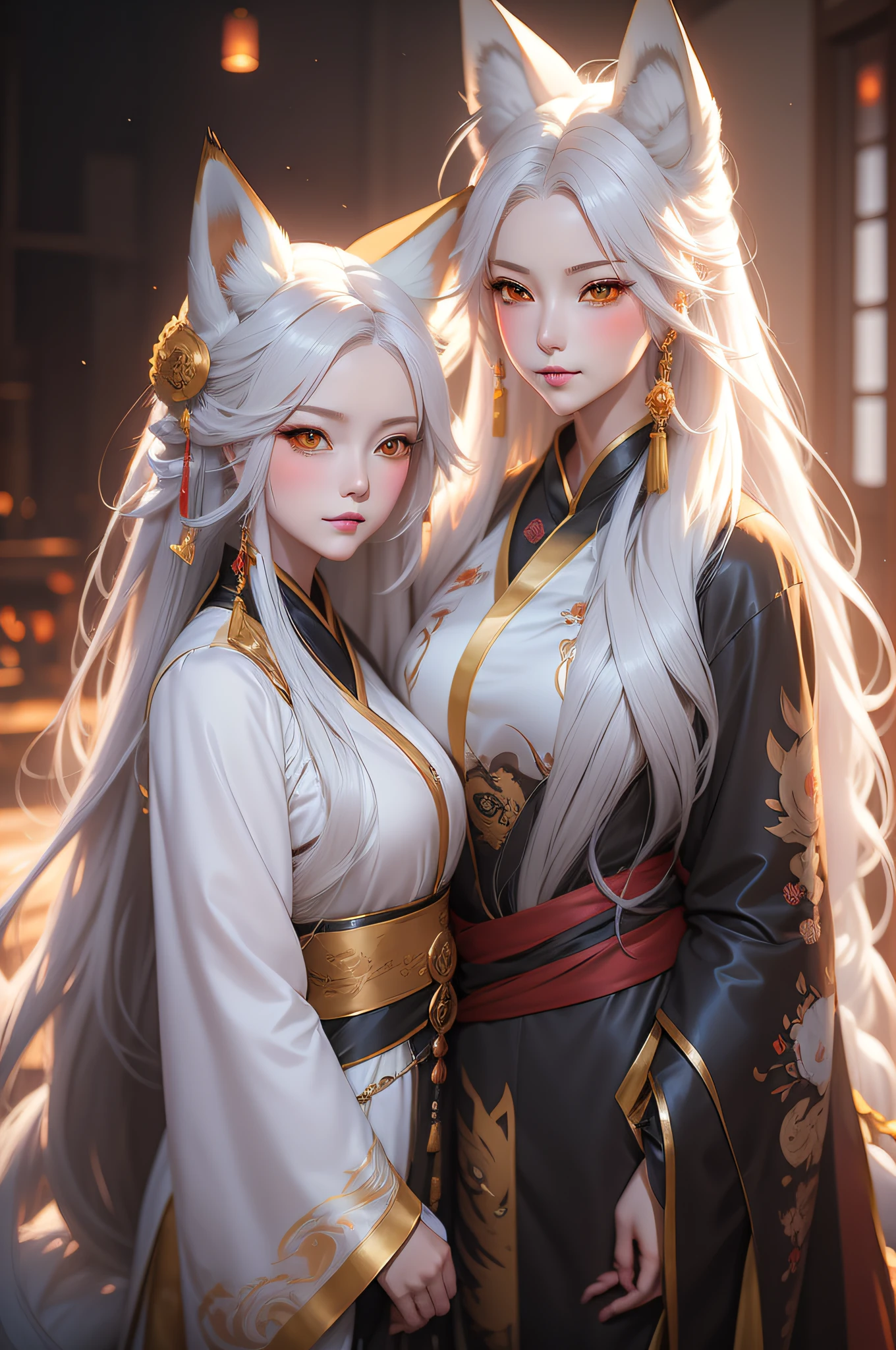 anime girl with long hair and a fox, a beautiful fox lady, white - haired fox, beautiful character painting, by Yang J, beautiful anime portrait, girl with fox ears, a beautiful kitsune woman, by Ni Tian, artwork in the style of guweiz, guweiz, by Ren Renfa, kitsune, soft anime illustration