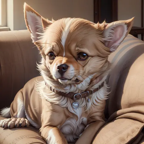 No person required, Dog-only video, Chihuahua, Light brown fur, Dog, Only one, Long fur, Realistic, Photonic, On sofa, Pastel li...