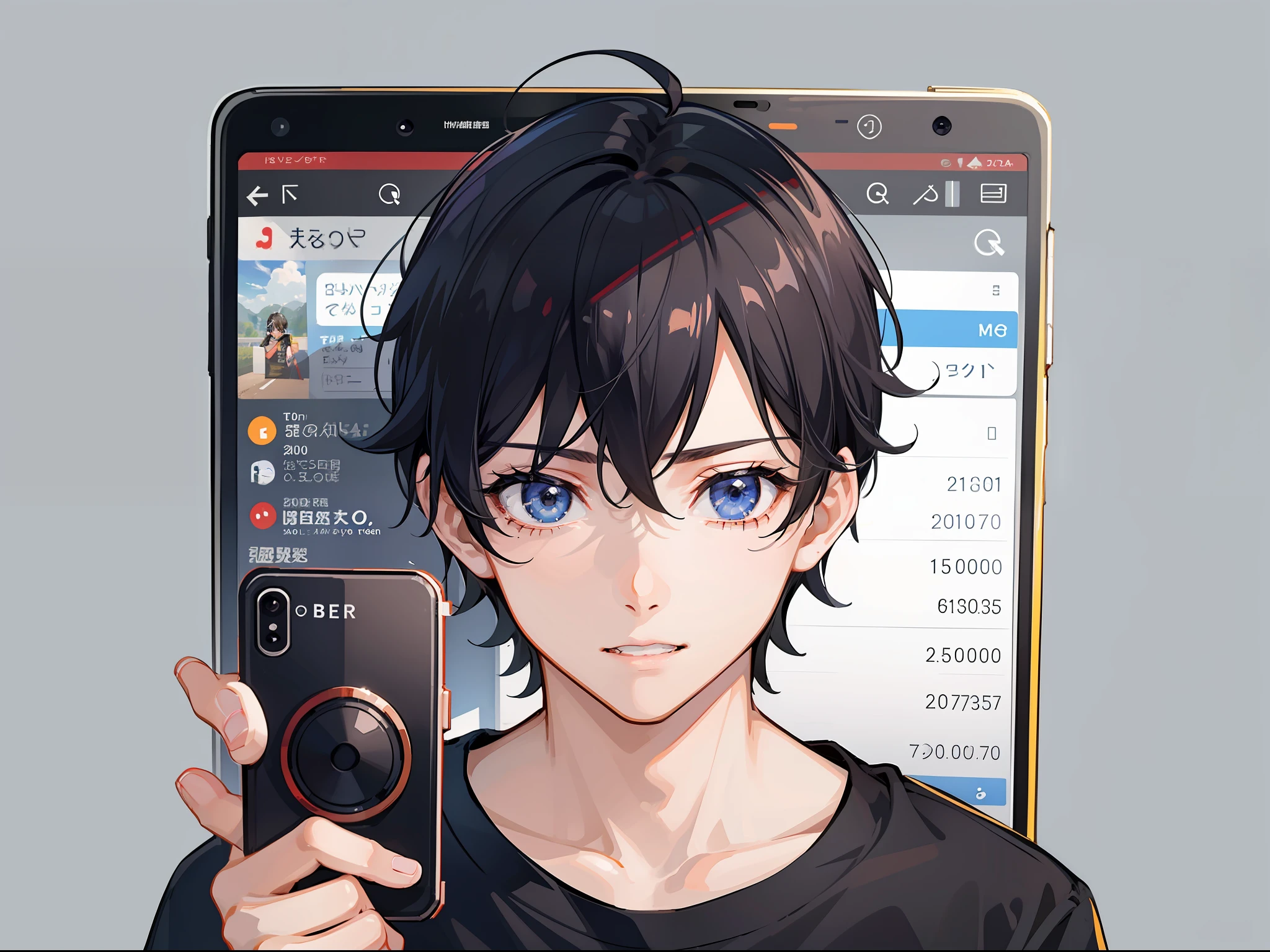 A boy with short black hair, a beauty mole at the corner of his eyes, wearing a T-shirt, and a mobile phone screen with 200,000 arrival information