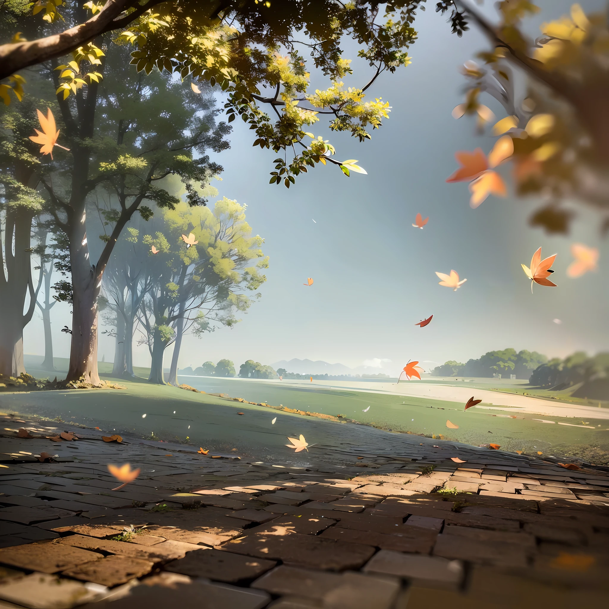 Computer, realistic fantasy, Extensive landscape ultra photography (general view, stone pavement, sky, falling foxes, whirlwind of many leaves, deciduous hurricane, leaf search cycle, fog, dawn, blurred background, gloomy, magic --auto --s2