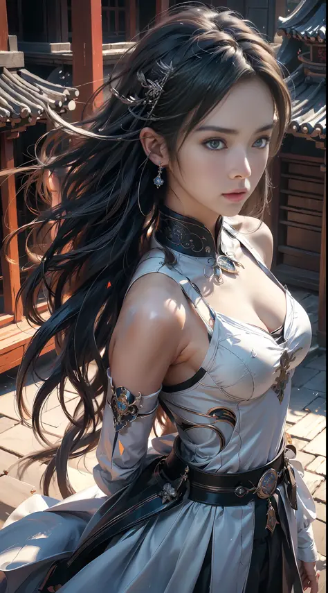 Best quality,masterpiece,ultra high res,(photorealistic:1.4),xiuxian,weapon,Detailed face,.1girl,solo,weapon,cleavage,(magic circle:1.2),xiuxian,upper body,Beautiful girl,full body,east asian architecture,sheath,architecture .