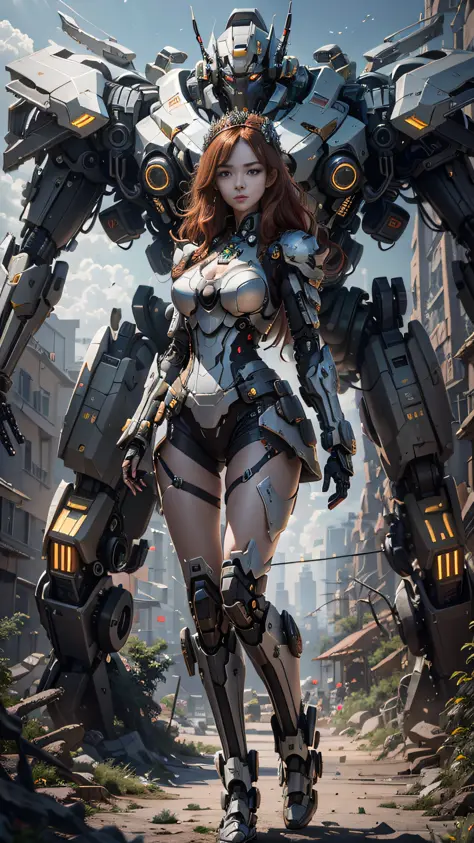 ((Best Quality)), ((Masterpiece)), (Very Detailed: 1.3), 3D, Shitu-mecha, Beautiful cyberpunk woman wearing crown with her ruined mecha of a forgotten war city, long red hair, sci-fi technology, HDR (High Dynamic Range), ray tracing, nvidia RTX, super reso...