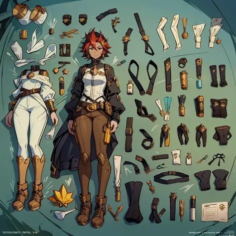 Close-up of a man in a gun costume, ((character concept art)), tall figure, ((character design sheet, same character, front, side, back)) maple story character art, video game character design, video game character design, maple story gun girl, girl with c...
