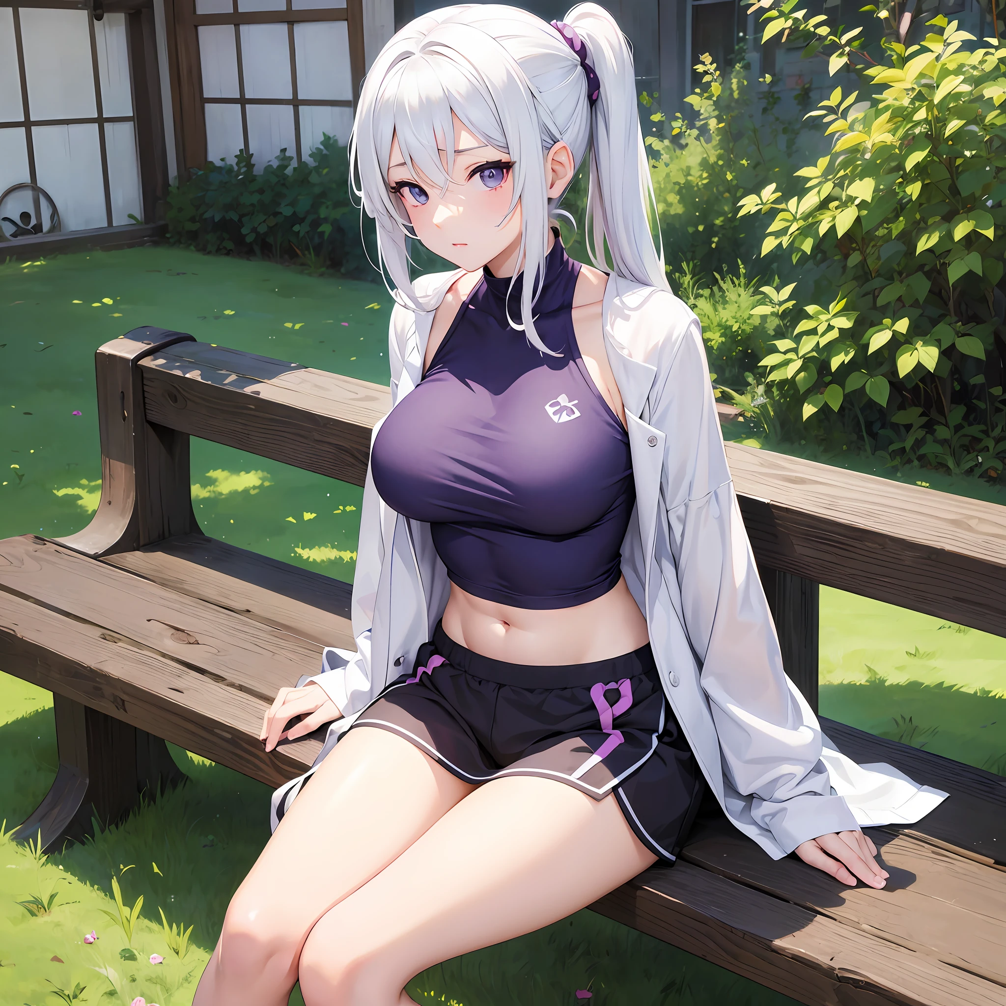 Garota de anime com cabelo branco e camisa roxa sentada no banco, anime desenhado por Ei-Q, pixiv, arte autodestrutiva, Menina anime, seductive Menina anime, exibição do umbigo, melhor garota de anime, estilo de arte anime moe, Visual de anime de linda garota, Menina anime, garota perfeita de cabelos grisalhos, attractive Menina anime, capa de anime, young Menina anime, Eu escrevo apenas roupas suadas, depois do exercício, suado --, peito nu --automático --s2