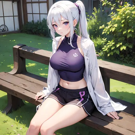 Anime girl with white hair and purple shirt sitting on bench, anime drawn by Ei-Q, pixiv, self-destruct art, anime girl, seducti...
