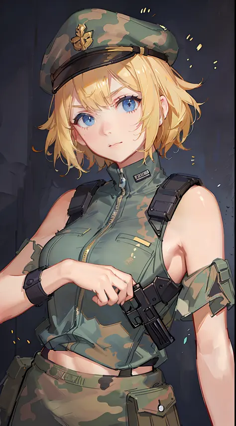 Young girl, short blonde hair, blue eyes, soldier's camouflage uniform, sleeveless T-shirt, open belly, gun, serious look, masterpiece, high quality