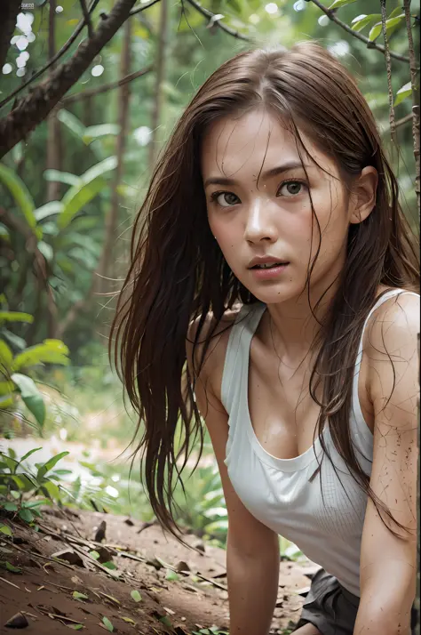 Typhoon, photorealistic full body portrait. Stunningly beautiful white woman in her 20s looking up at the sky and crying against a fantastic jungle and muddy ground background, clear white skin, wet and muddy, scratches all over, long brown hair stained fa...
