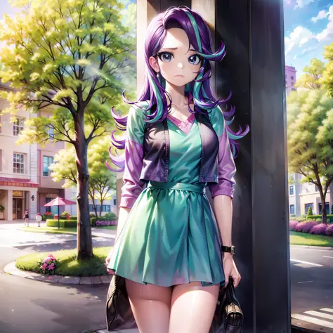 Starlight_Glimmer, adult girl, casual wear, standing tall, standing in front of, summer, park, sunny day, 8k, super detail, ccur...