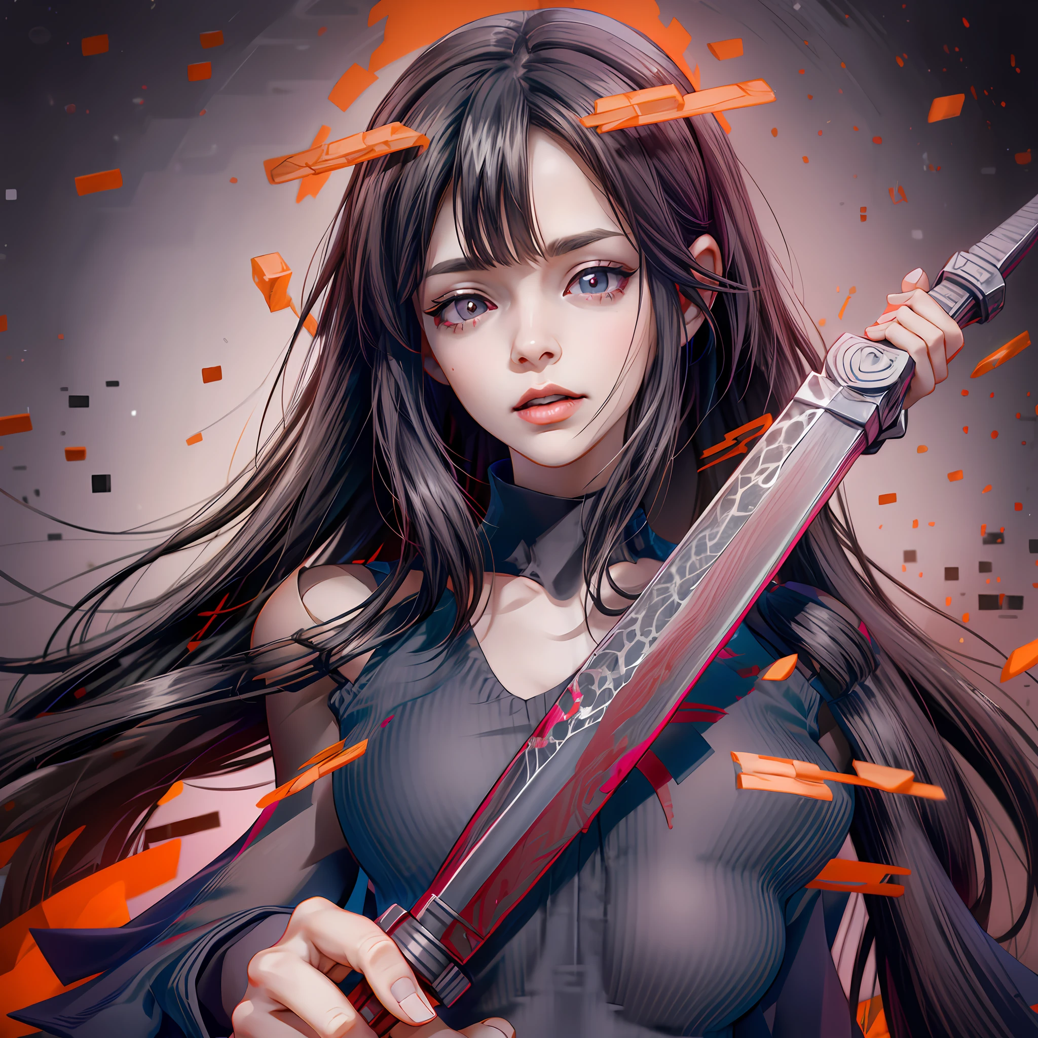 Beautiful girl, long black hair, pink dye, dark red pupils, sick beautiful girl, holding a big sword, black silk, high resolution, high quality, 8K, full of blood, terrifying eyes --auto --s2