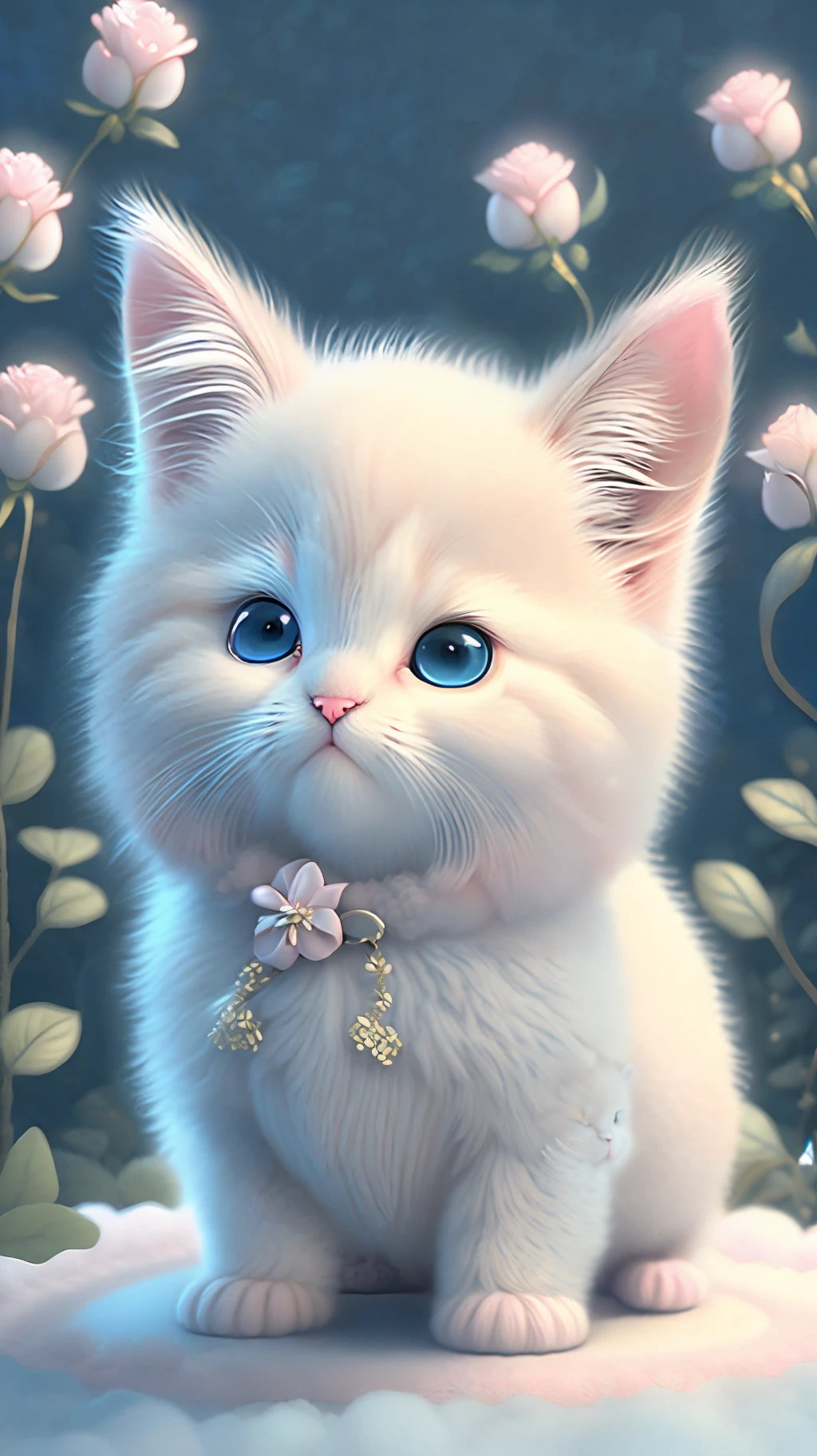 En este arte CG ultradetallado, Lindos gatitos rodeados de rosas etéreas., risa, mejor calidad, alta resolución, detalles intrincados, Fantasía, Animales bonitos, izquierda, divertido, izquierda!! boca!!! reír!!!