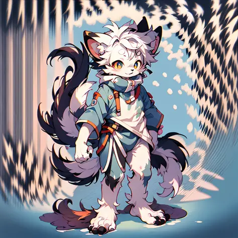 Furry Dogs Forelimb Hands Hindlimb Legs and Feet Standing Shota Little Boy Overall White Head, arms, body, legs with bluish black pattern, whole body, pink flesh pad, eyes and pupils blue, furry, no clothing, two ears