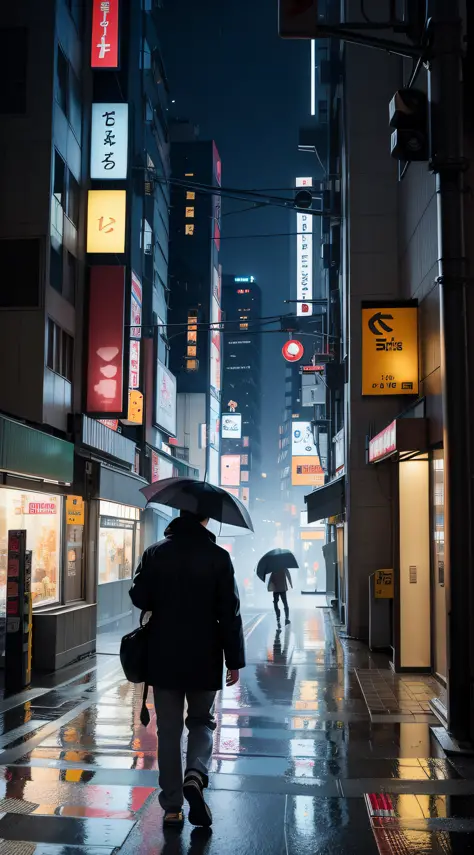 misty, rain, there is a person walking up a set of stairs in a city, a still of shibuya, streets of tokyo, street of tokyo, in t...