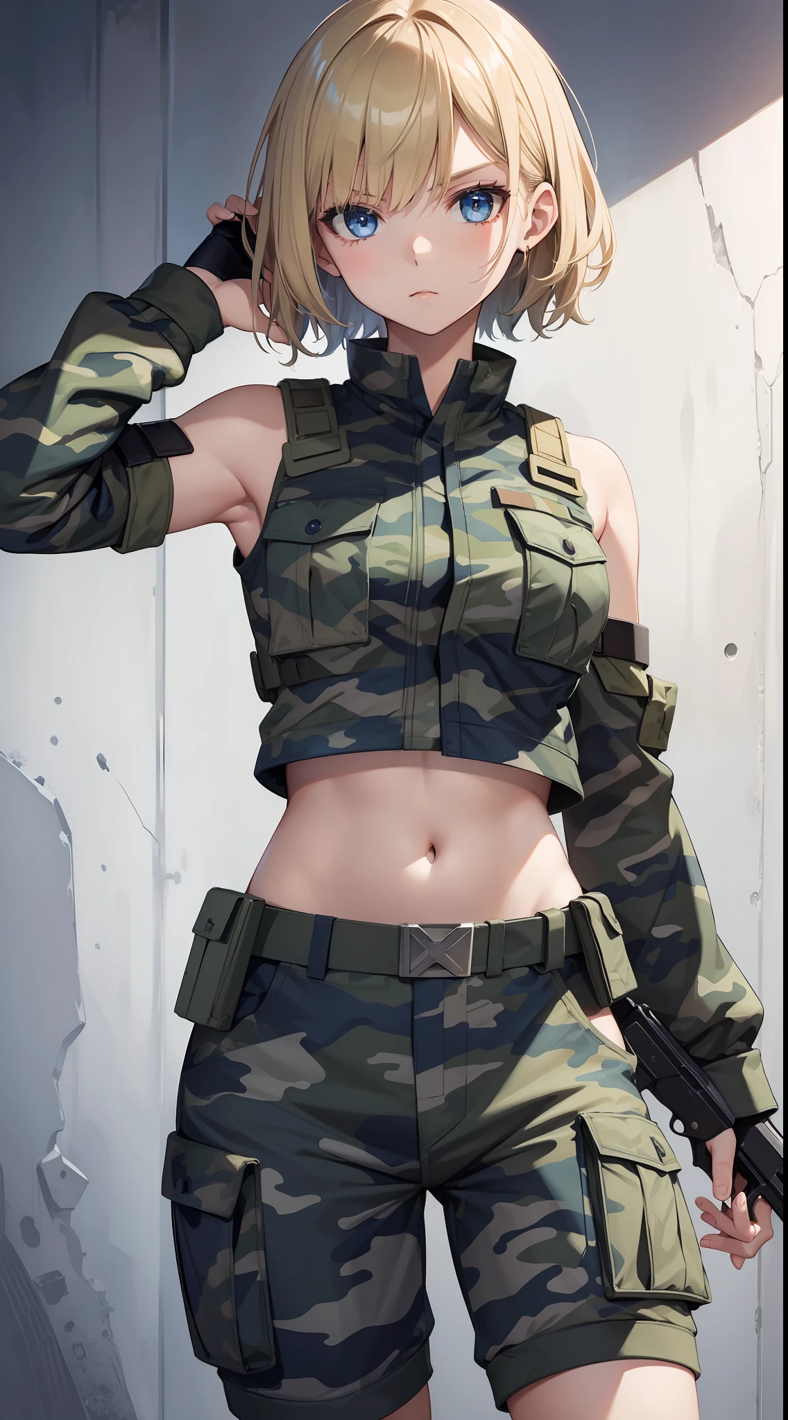 A woman in a camouflage outfit holding a gun and looking at the camera ...