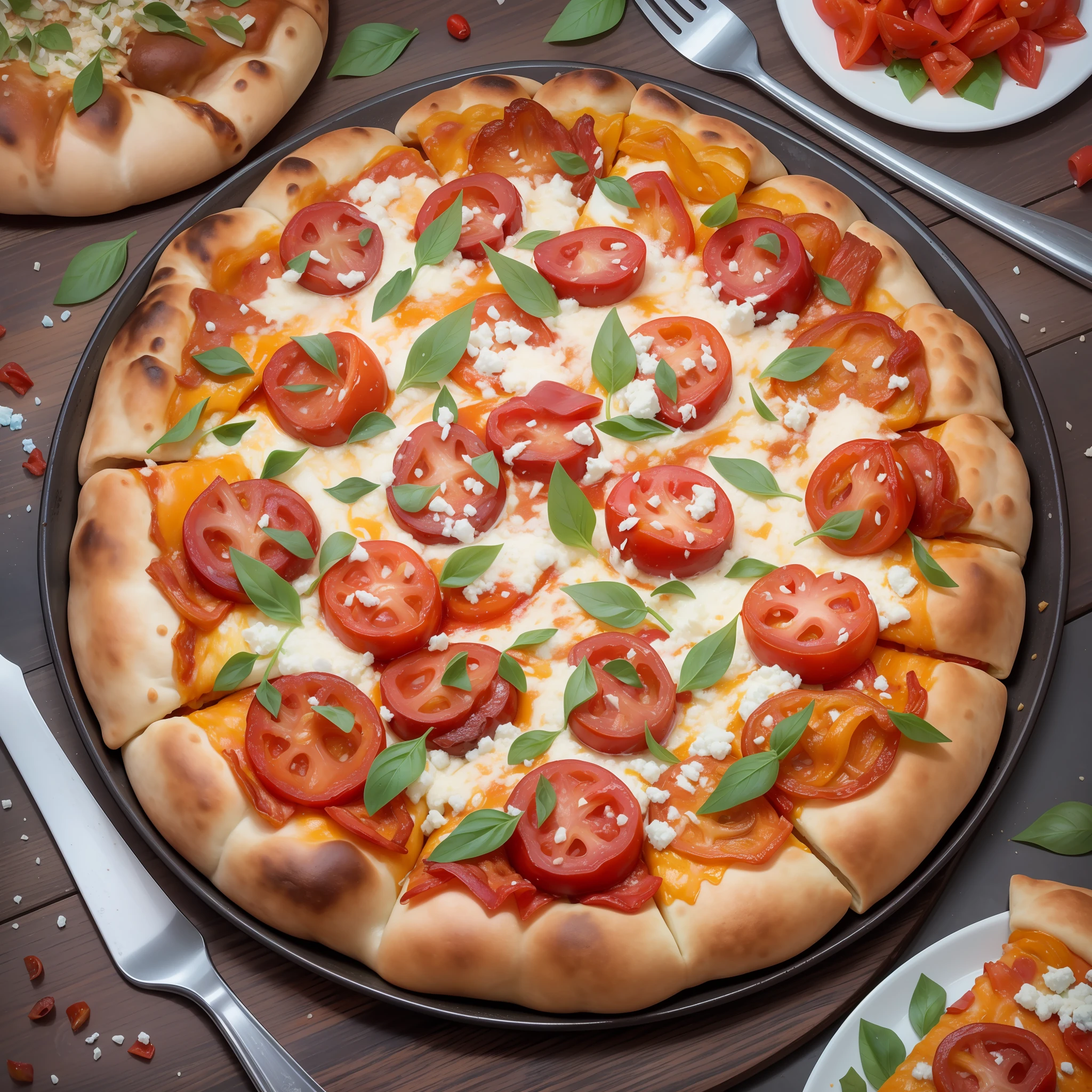 # une pizza grandiose et colorée, placé dans le contexte de l&#39;ancienne Pompéi. La pâte à pizza agit comme une toile vibrante pour un mélange de garnitures gourmandes. Premièrement, nous avons un doré, couche bouillonnante de fromage mozzarella. Suivant, il y a du rouge, tranches de tomates juteuses parsemées de notes de feuilles de basilic vert frais qui apparaissent à travers. Il y a de généreuses quantités d&#39;oignons caramélisés, champignons, et poivrons dans des tons de rouge, jaune, et vert.Poursuivant le défilé des saveurs sont les salés, morceaux de jambon tranchés finement, Pepperoni, et bacon croustillant, suivi d&#39;une pincée de crumble de fromage bleu, Origan frais, et des flocons de piment rouge pour un piquant supplémentaire. sur le côté, il y a des tranches d&#39;olives noires et des coeurs d&#39;artichauts marinés.　L&#39;ensemble du spectacle repose sur une croûte parfaitement cuite, légèrement carbonisé sur les bords. Le chaud, la lueur invitante du four à bois illumine la scène. En arrière-plan, les ruines de Pompéi restent silencieuses, Mont. Le Vésuve occupe une place importante, avec un ciel doucement éclairé par le soleil couchant.