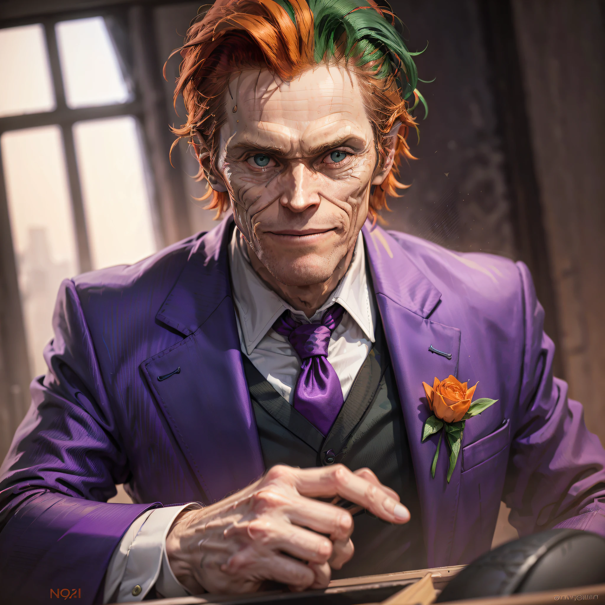 Willem Dafoe being the joker, purple suit, orange shirt, green hair with black details, cruel pose, Surrealism, anaglyph, stereogram, tachi-e, pov, atmospheric perspective, 8k, super detail, ccurate, best quality, in gotham city, scrutinized theme, perfect framing, modern art, purple tie, orange shirt and purple suit, smiling face, rosto com maquiagem branca --auto --s2