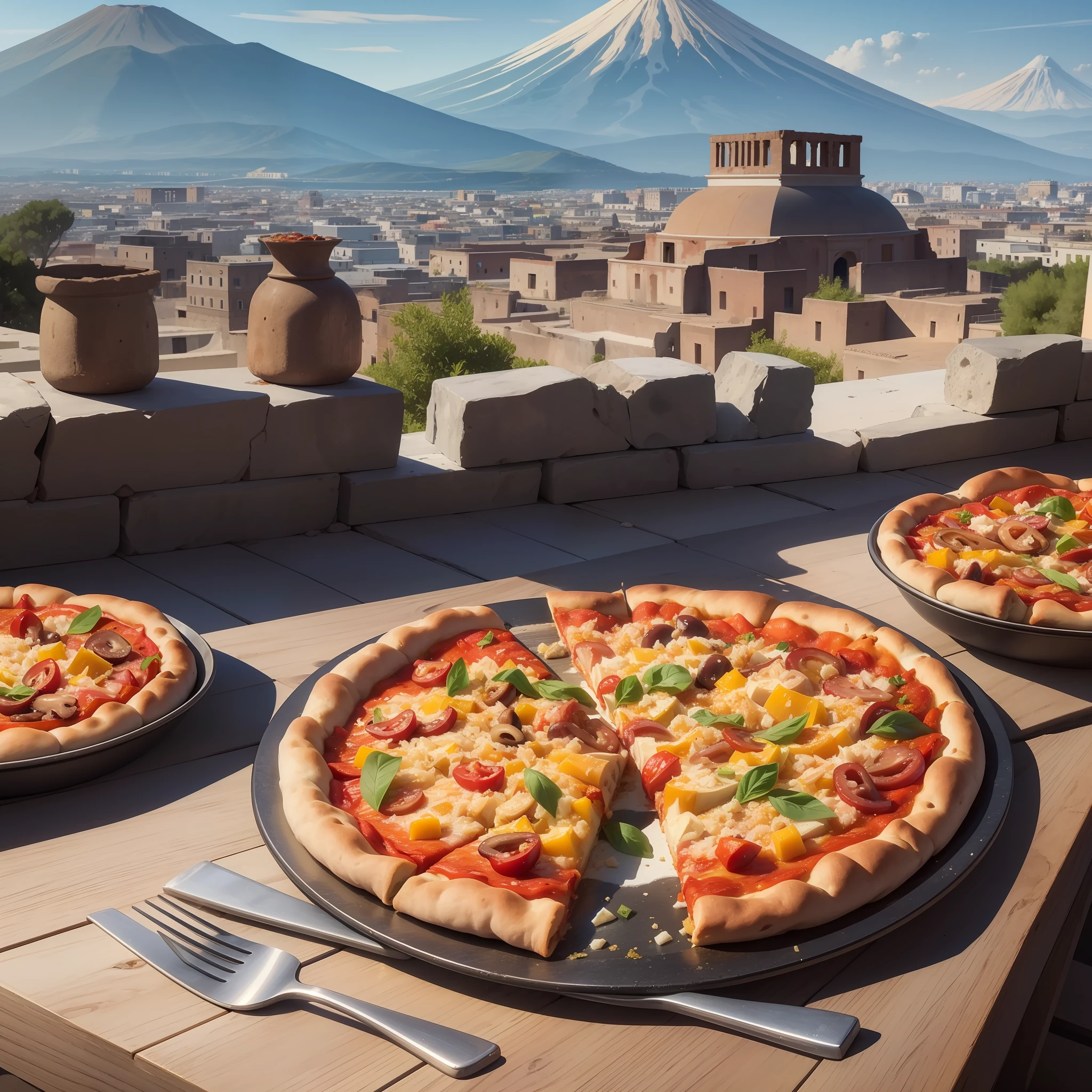 # a grand and colorful pizza, placed against the backdrop of ancient Pompeii. The pizza dough acts as a vibrant canvas for a medley of gourmet toppings. Firstly, we have a golden, bubbling layer of mozzarella cheese. Next, there are red, juicy tomato slices scattered with hints of fresh green basil leaves peeking through. There are generous amounts of caramelized onions, mushrooms, and bell peppers in hues of red, yellow, and green.Continuing the parade of flavors are the savory, thinly sliced pieces of ham, pepperoni, and crispy bacon, followed by a sprinkling of blue cheese crumbles, fresh oregano, and red chili flakes for an extra kick. On the side, there are sliced black olives and marinated artichoke hearts.　The entire spectacle sits on a perfectly baked crust, slightly charred on the edges. The warm, inviting glow from the wood-fired oven illuminates the scene. In the background, the ruins of Pompeii stand silent, Mt. Vesuvius looms large, with a sky gently lit by the setting sun.