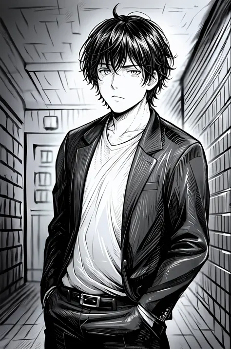 (Masterpiece, best quality:1.2),best quality, intricate details, lineart, monochrome1boy, short messy hair, young, handsome, bla...