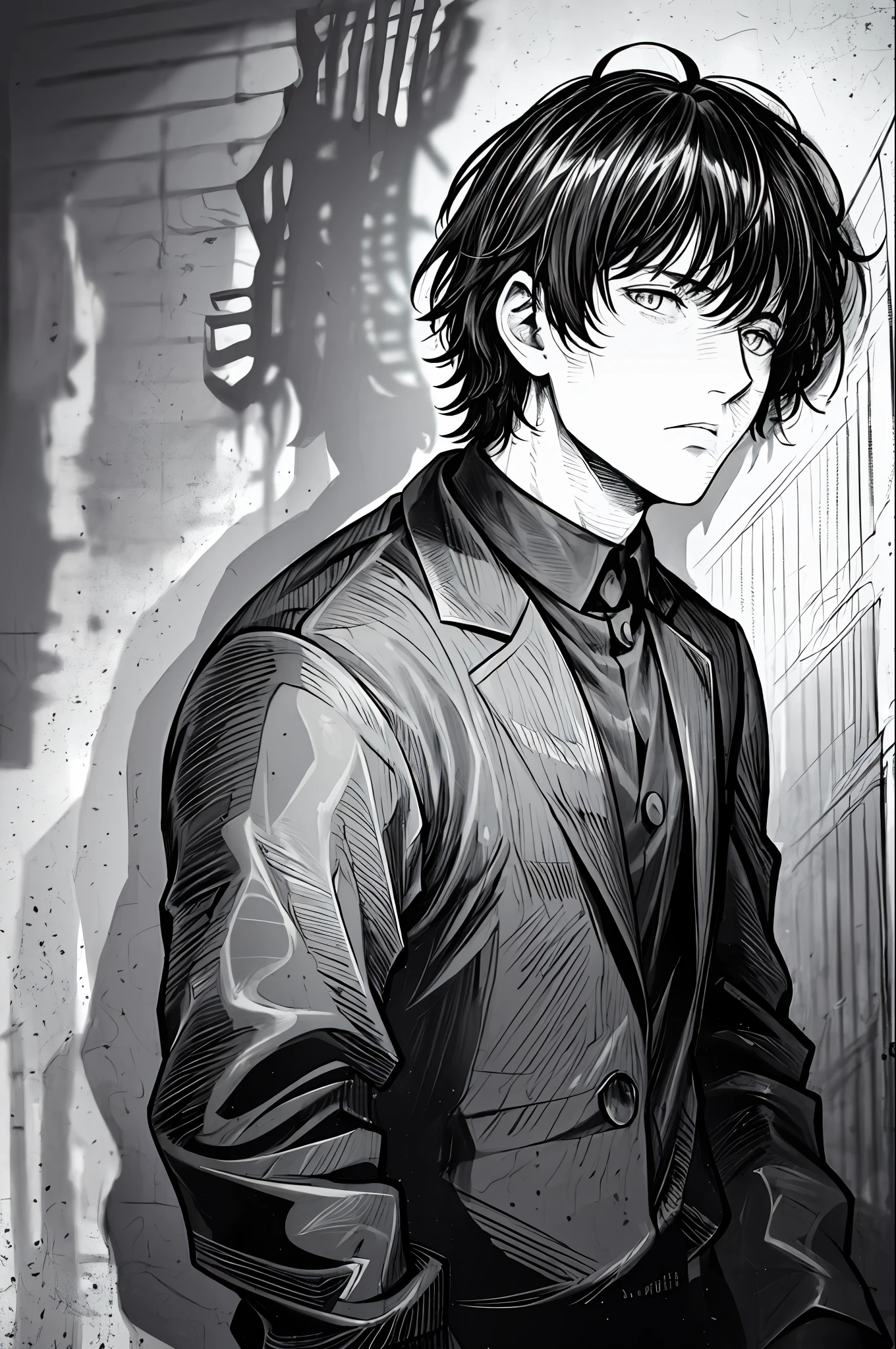 (Masterpiece, best quality:1.2),best quality, intricate details, lineart, monochrome1boy, short messy hair, young, handsome, black hair, messy hair, hair over one eye, sharp eyes, shirt, open jacket, Leaning against the wall , dim lighting, alley way