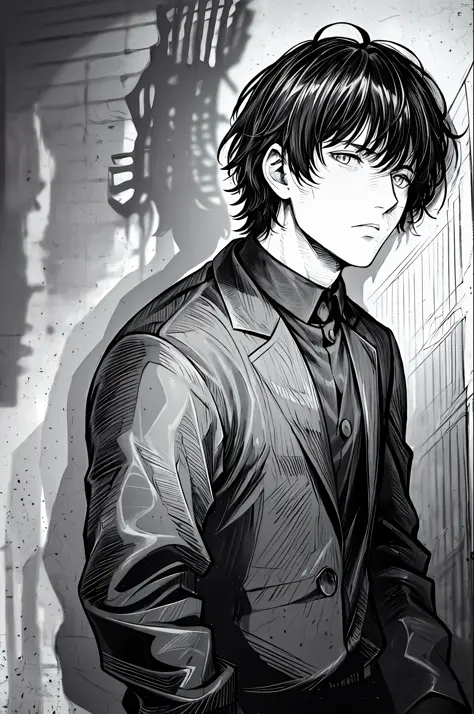 (Masterpiece, best quality:1.2),best quality, intricate details, lineart, monochrome1boy, short messy hair, young, handsome, bla...