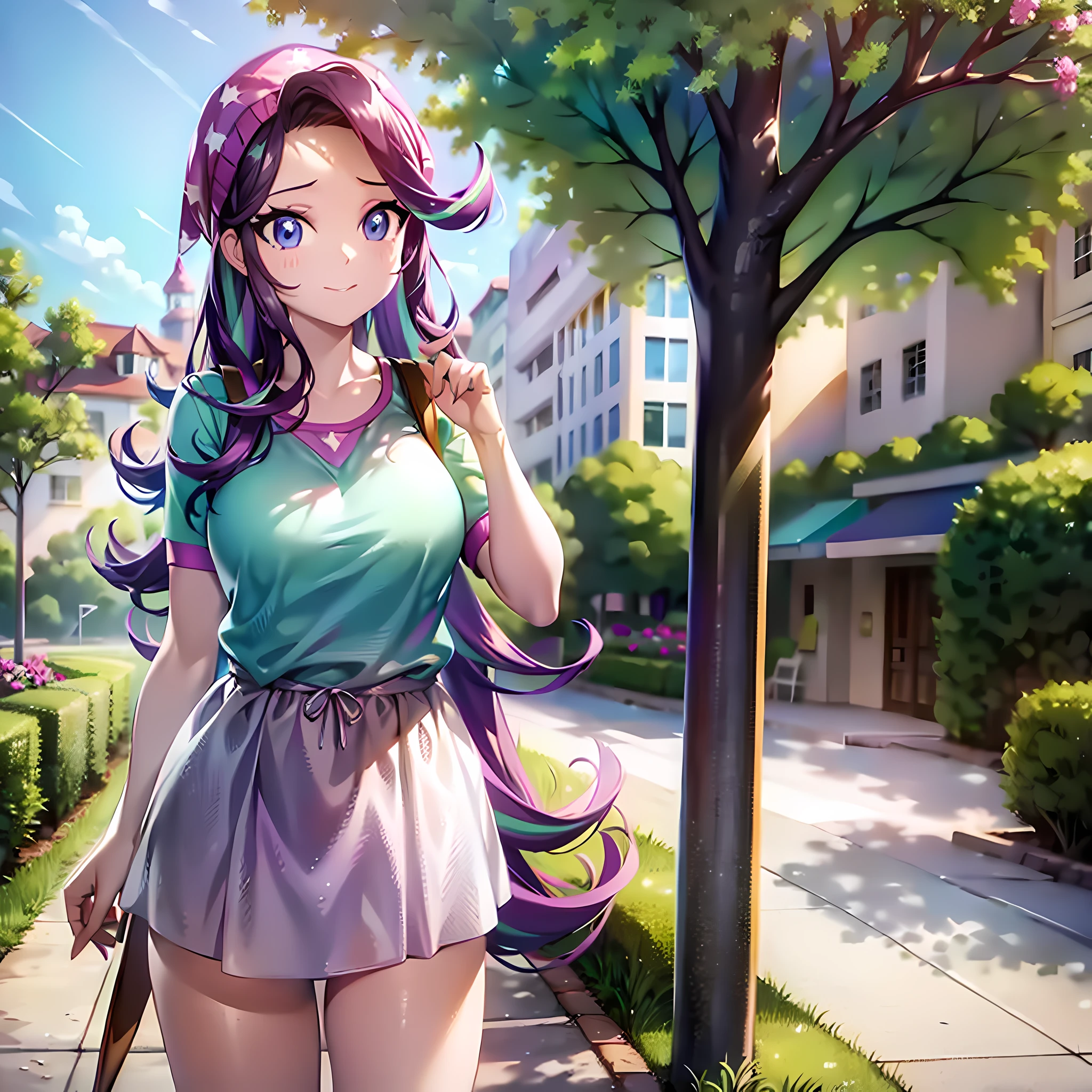 Starlight_Glimmer, adult girl, casual wear, standing tall, standing in front of, summer, park, sunny day,  8k, super detail, ccurate, best quality, 16k, HD, 1080P, anatomically correct, super detail