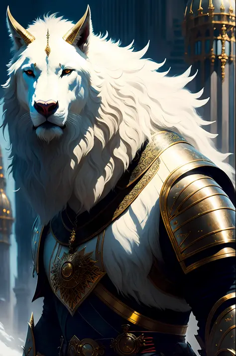 modelshoot style, (extremely detailed CG unity 8k wallpaper), body photo of the most beautiful artwork in the world, medieval armor, body portrait, big white beast, professional majestic oil painting by Ed Blinkey, Atey Ghailan, Studio Ghibli, by Jeremy Ma...