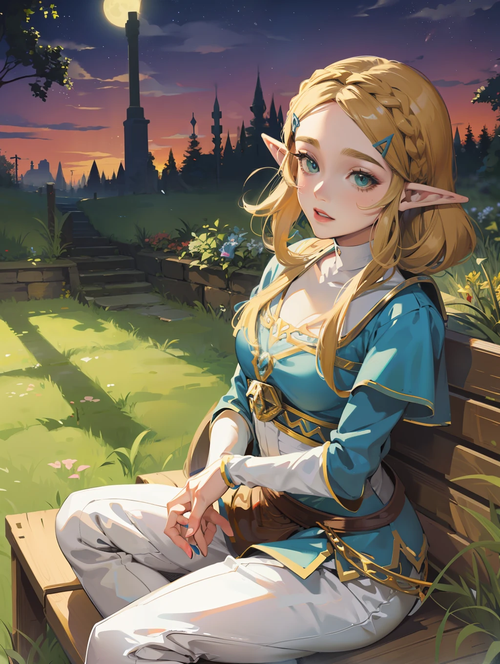 Anime - foto do estilo da mulher sentada no banco no jardim, robô style, a lenda de Zelda, a lenda de Zelda, sopro do estilo de arte selvagem, charming Noite da princesa elfa, robô, Noite da princesa elfa
