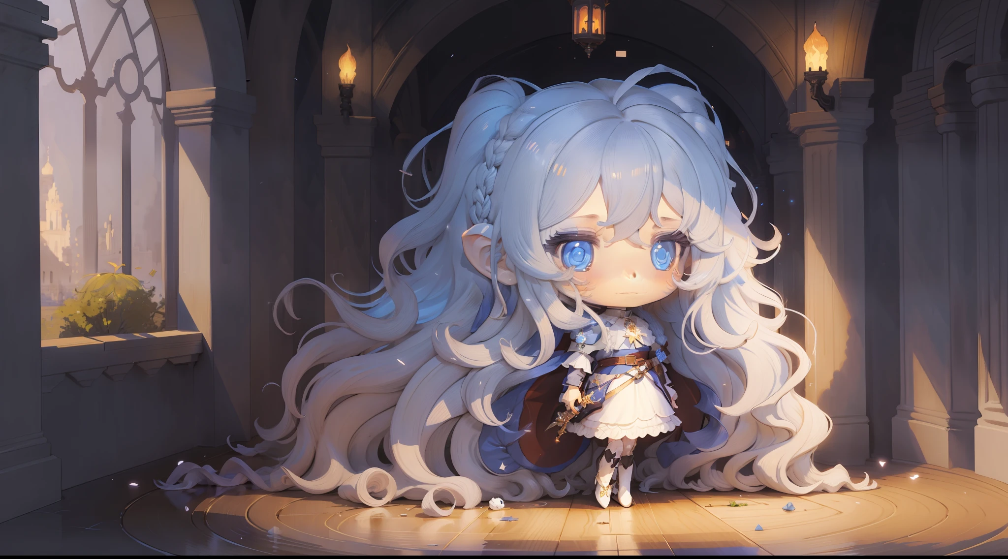 (Chibi character), (long wavy hair all colored:1.2),(eyes yolete:1.1),(shy smile:0.9),(shy expression:1.1),(white dress with blue:1.1),holding a sword (sharp:1.2+colorspear:0.8+magic:0.9),medieval setting, castle, forest (dark:1.1+of ancient stones:0.9+full of shadows:0.8)