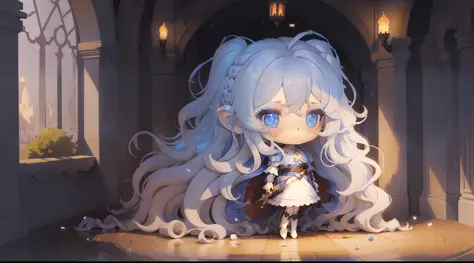 (Chibi character), (long wavy hair all colored:1.2),(eyes yolete:1.1),(shy smile:0.9),(shy expression:1.1),(white dress with blu...