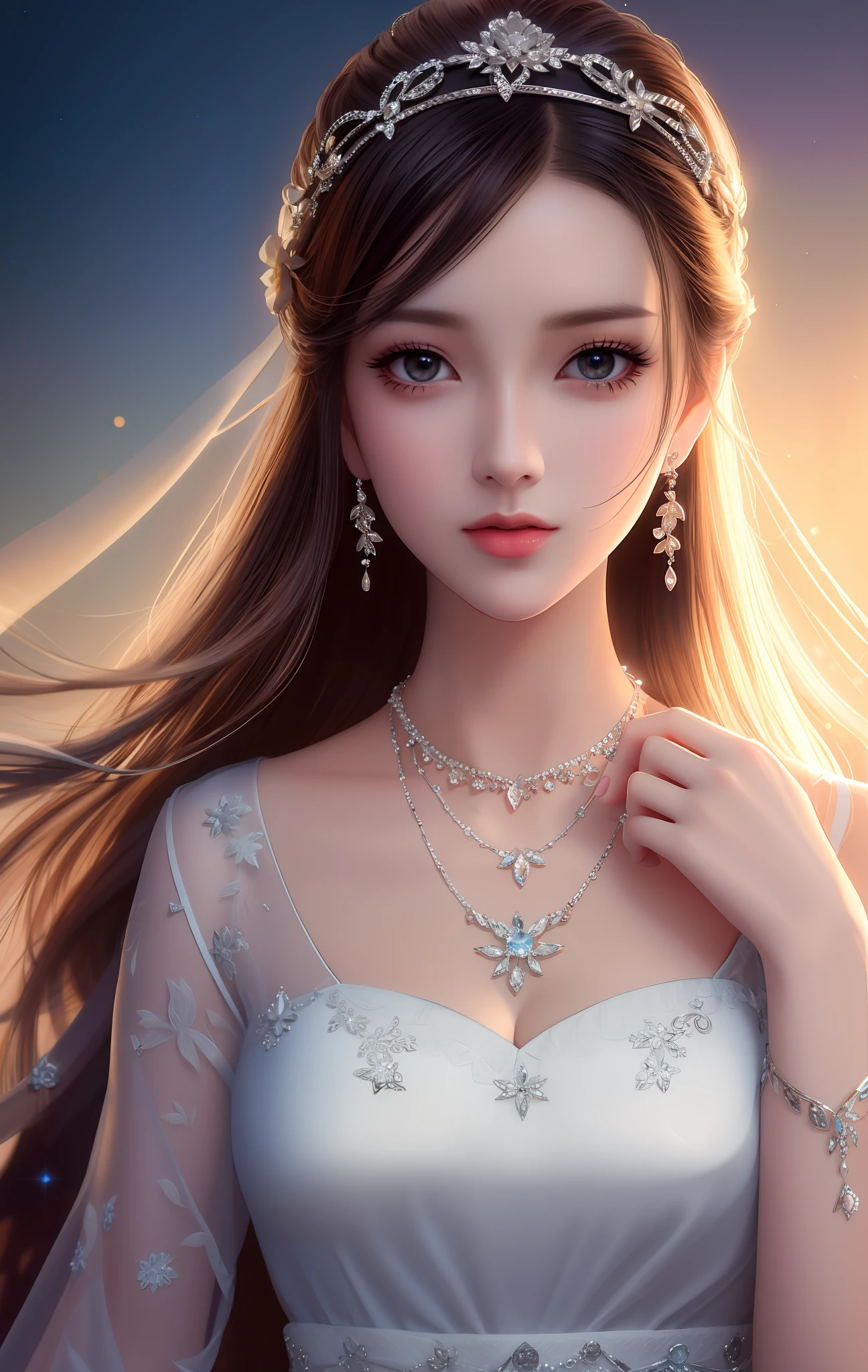 Best Quality, Masterpiece, High Resolution, 1girl, Porcelain Dress, Hair Accessories, Necklace, Jewelry, Pretty Face, On_Body, Tyndall Effect, Riverside, Edge Lighting, (High Deail Lighting: 1.2), 8k uhd, dslr, Soft light, high quality, volume light, photo, high resolution, 4k, 8k, bokeh