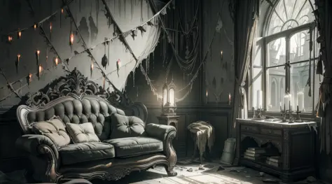 (interior design) (masterpiece) (ultra realistic) (raw) (picture of the whole room) (messy) (gothic couch, rocking chair, window...