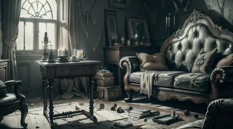 (interior design) (masterpiece) (ultra realistic) (raw) (picture of the whole room) (messy) (gothic couch, rocking chair, window) (old house, ripped wallpaper) (wide lens) (an old gothic scarry horror room) (blood on the wall) (dark) (candles) (candle lit)...