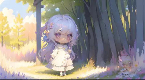 Chibi, hair colored with the colors of the rainbow, a shy girl with a shy smile, violet eyes, small Chibi, wearing a white dress...