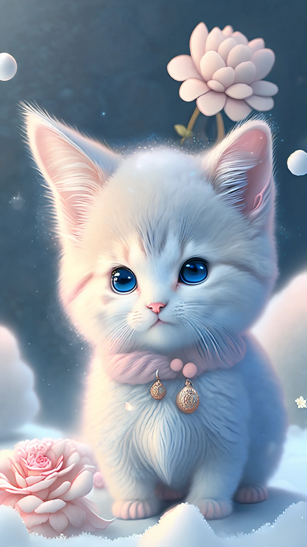 En este arte CG ultradetallado, Lindos gatitos rodeados de rosas etéreas., risa, mejor calidad, alta resolución, detalles intrincados, Fantasía, Animales bonitos, izquierda, divertido, izquierda!! boca!!! reír!!!