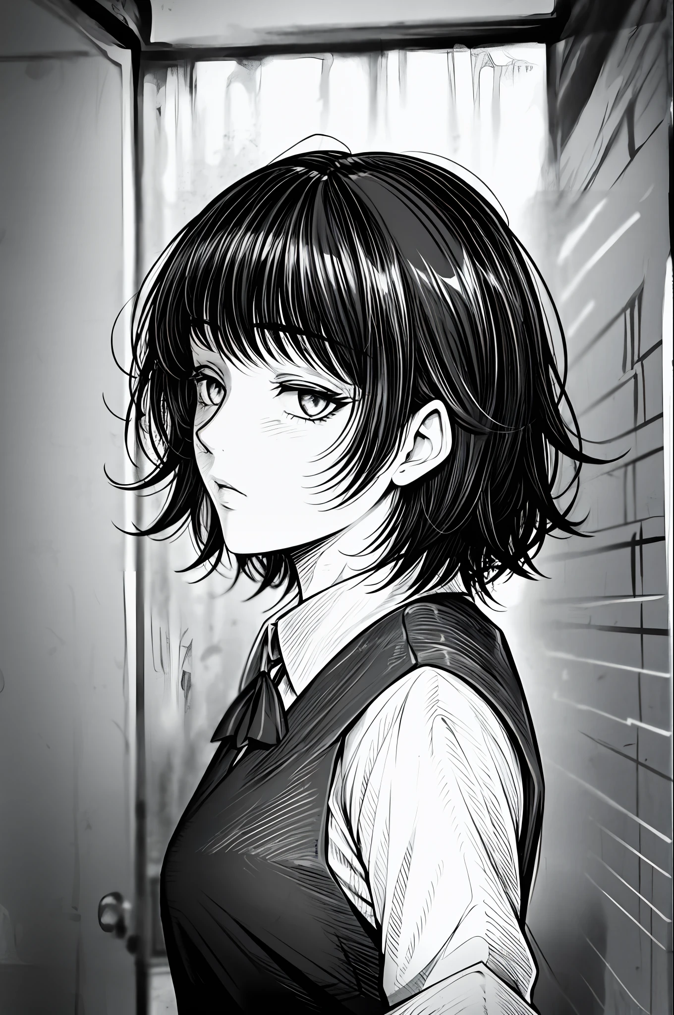 best quality, intricate details, lineart, monochrome,1girl, , short messy hair, black hair, messy hair, hair over one eye, sharp eyes, shirt, Leaning against the wall , dim lighting, alley way