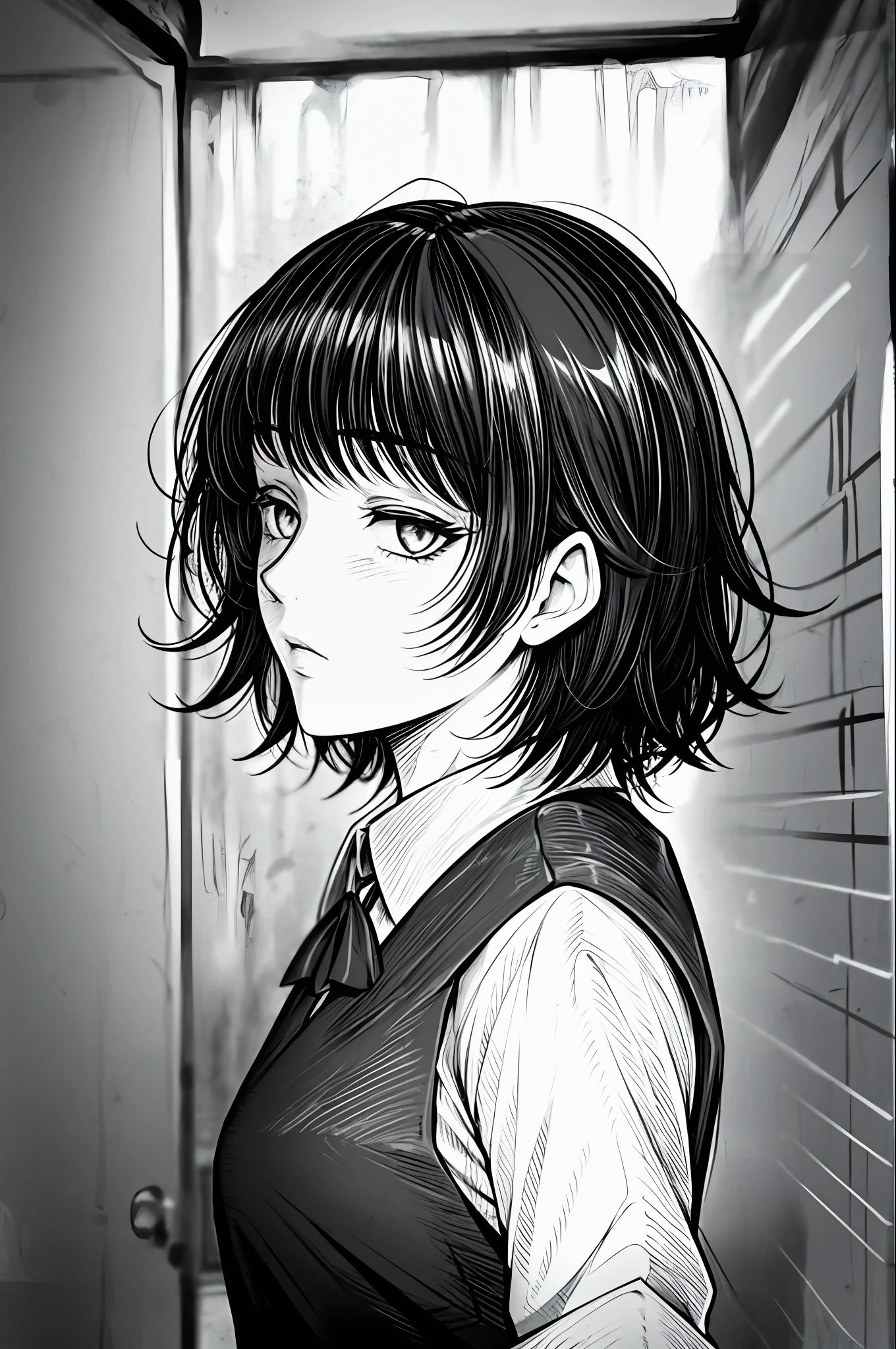 best quality, intricate details, lineart, monochrome,1girl, school uniform, short messy hair, black hair, messy hair, hair over one eye, sharp eyes, shirt, Leaning against the wall , dim lighting, alley way