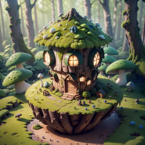 Masterpiece, best quality, (very detailed CG unity 8k wallpaper), (best quality), (best illustration), (best shadow), (round little mushroom house covered with moss, mini, model, pretty)), isometric 3D, octane rendering, ray tracing, very detailed --auto -...