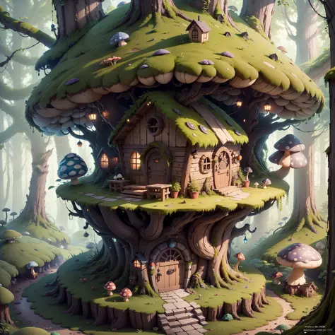 Masterpiece, best quality, (very detailed CG unity 8k wallpaper), (best quality), (best illustration), (best shadow), (round little mushroom house covered with moss, mini, model, pretty)), isometric 3D, octane rendering, ray tracing, very detailed --auto -...