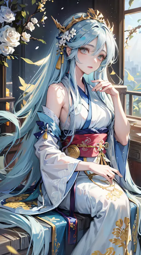Masterpiece, light blue long-haired beauty, absolutely beautiful, complex and gorgeous hair accessories, wearing beautiful and gorgeous Hanfu, golden eyes, long eyelashes, highlights, withered petals, beautiful, charming, perfect, super clear, HD