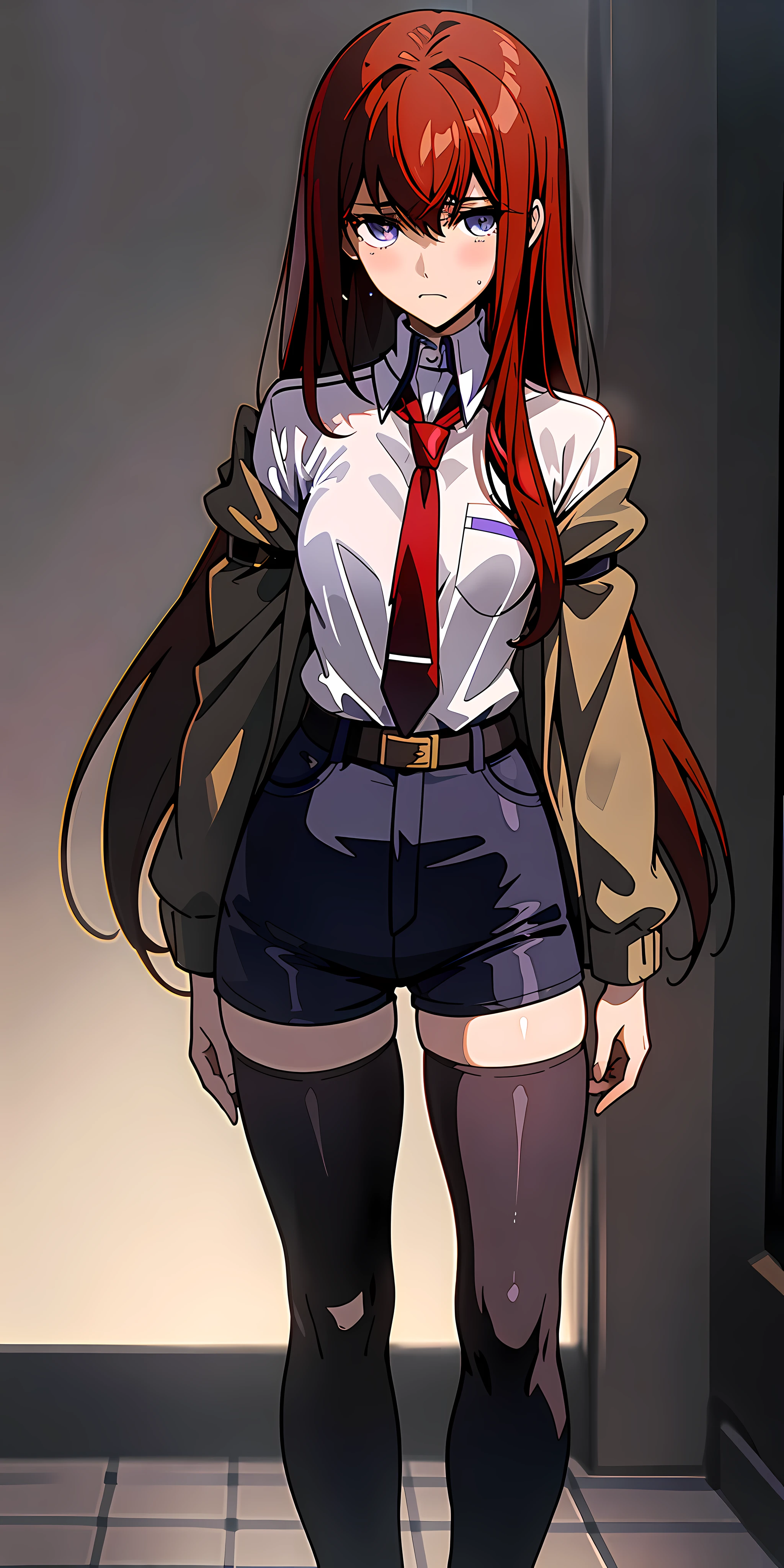 ((masterpiece,best quality,ultra detailed,8k)),red_loose hair, chestnut hair, dull violet eyes, white long-sleeved blue-rimmed dress shirt with a red necktie, makise_kurisu, Her shirt is tucked into a pair of black shorts on top of black tights, held up by a white belt with a gold buckle, Her red tie hangs loosely around her collar, and she wears a loose khaki jacket that covers her upper thighs, and has black and white straps at the end of both sleeves and the rim which are used to keep the entire jacket on her arms, She also wears a pair of black boots which are partially unzipped and folded down, hugging her body and crying, extremely dark room, solo, 1girl, perfect face, full body, (tears:1.2)